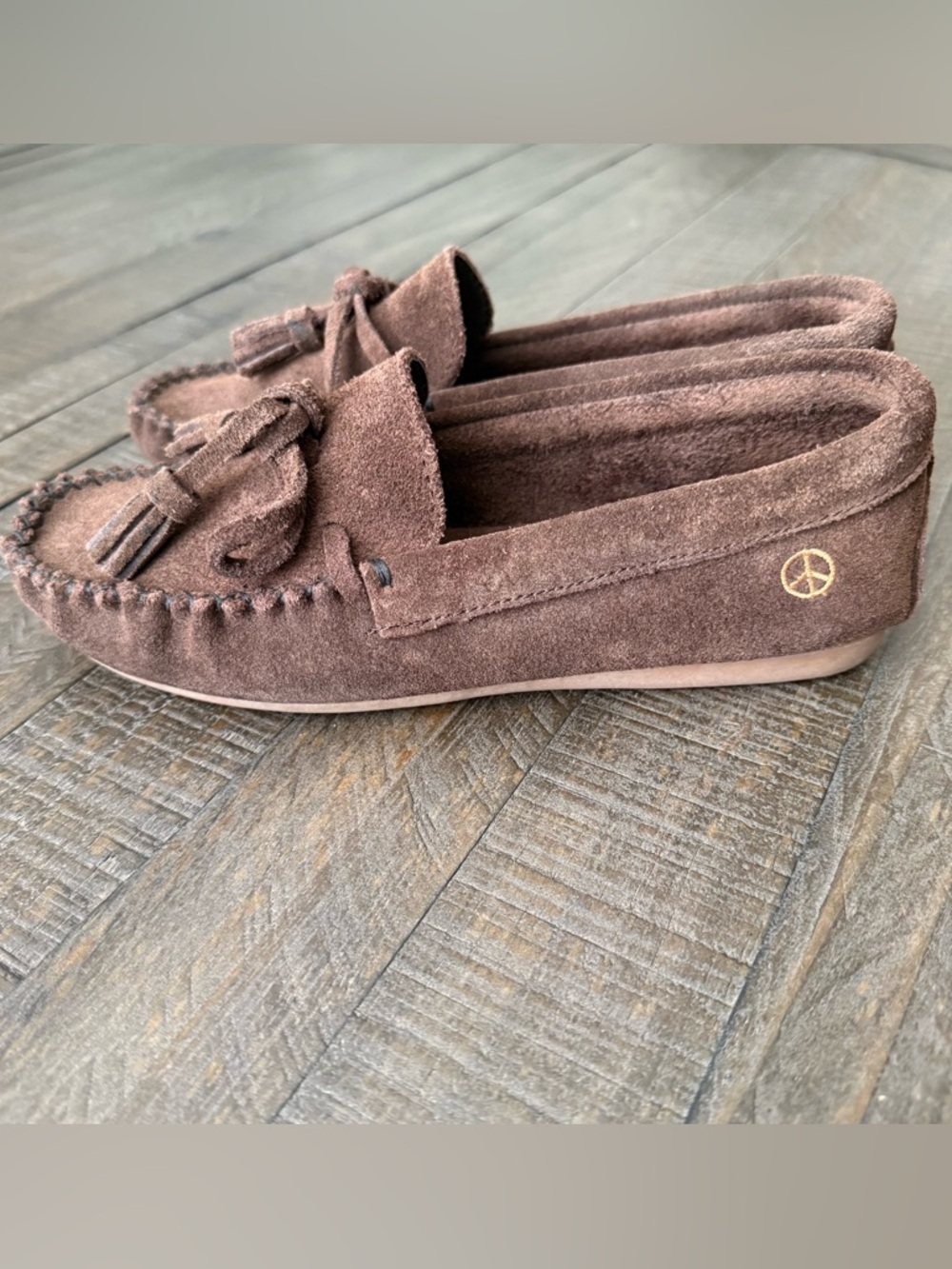 Women's Brown Suede Tassel Moccasins with Peace Logo - Picture 4 of 15